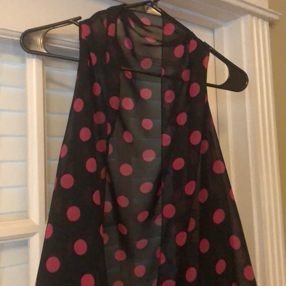 Black with pink polka dots long open vest